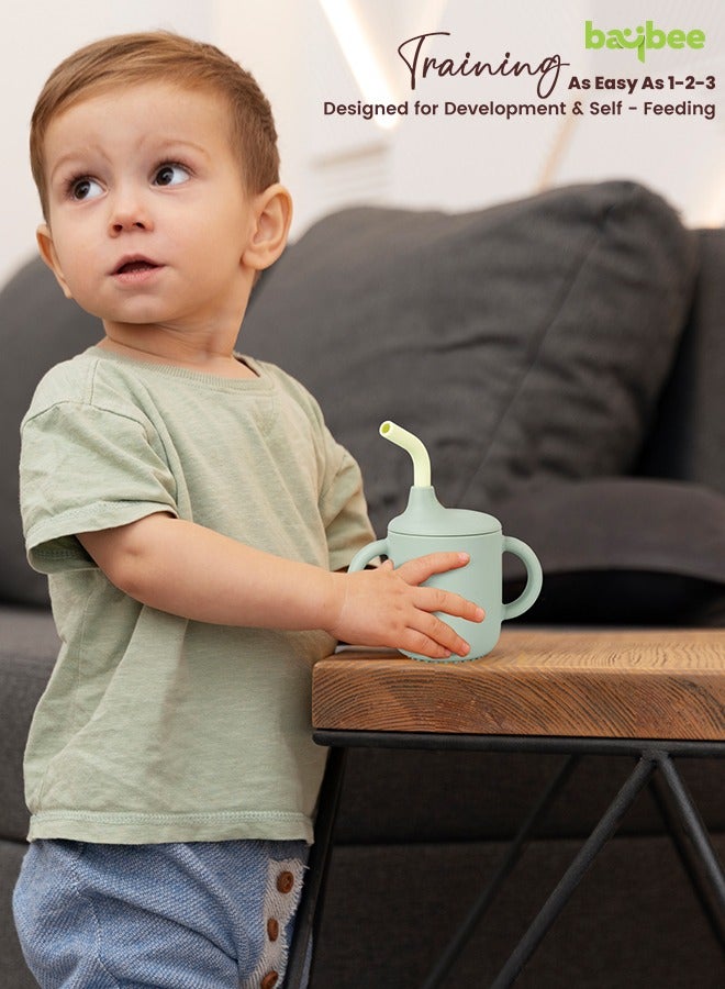 BAYBEE Baby BPA-Free Silicone Sipper Cup Drinking Training Anti Spill Sippy Cup with Silicone Straw & Lid for BabyToddler Spill Proof Non-Slip Twin Handles Spout Cup for Infants Kids 6+ Months Green - Image 3