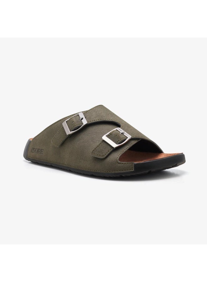نديور صنادل ندوير للرجال بمشبك مزدوج، باللون الأخضر الزيتوني، أعلاه من الجلد المدبوغ، نعل داخلي مبطن، مفتوحة الأصابع - Image 1