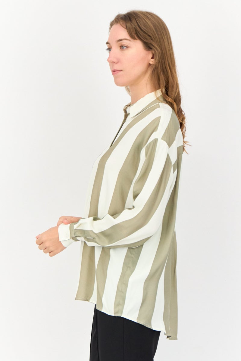 KOTON Ole x Koton Women Spread Collar Long Sleeves Stripe Shirt, Multicolor - Image 2