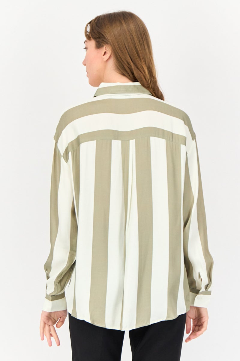 KOTON Ole x Koton Women Spread Collar Long Sleeves Stripe Shirt, Multicolor - Image 3
