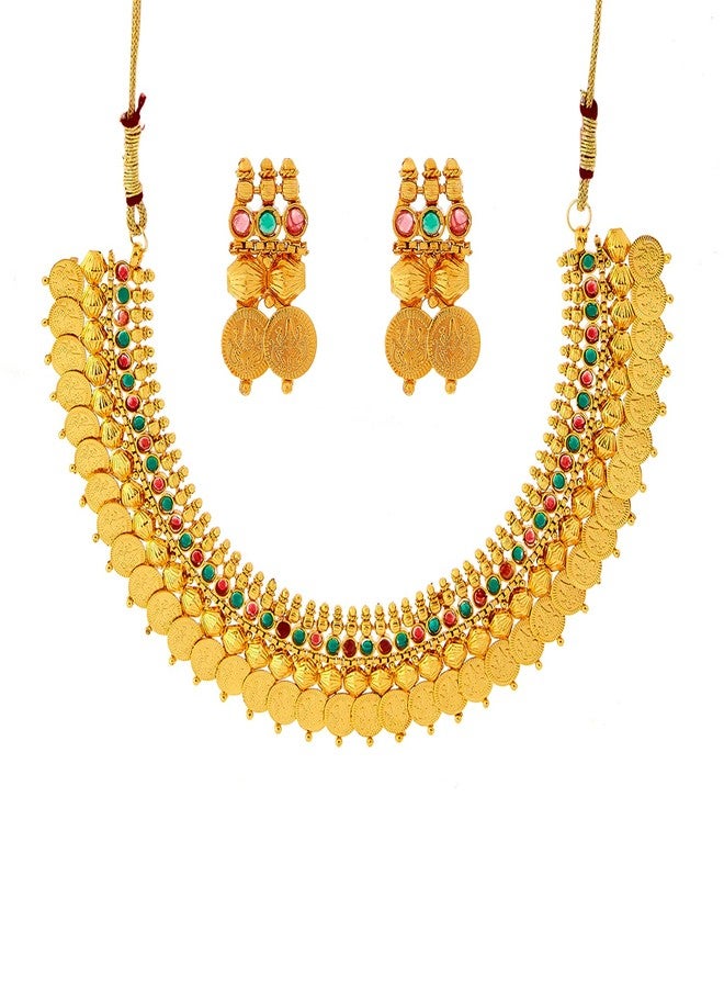 KENNICE Gold-Plated Red Green Pearl Traditional Temple Coin Necklace with Earrings Jewellery Set For Women & Girls - Image 5