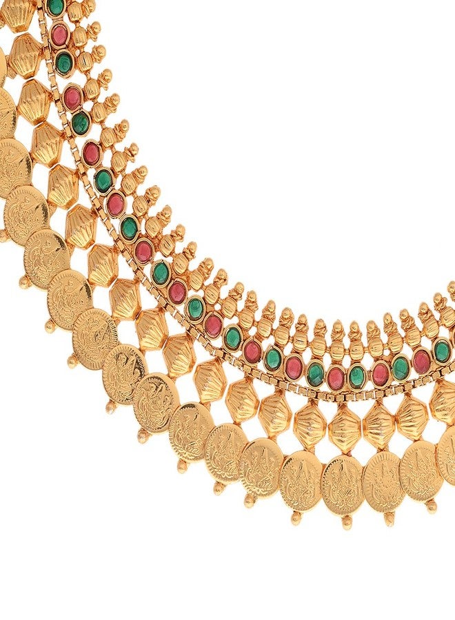 KENNICE Gold-Plated Red Green Pearl Traditional Temple Coin Necklace with Earrings Jewellery Set For Women & Girls - Image 4