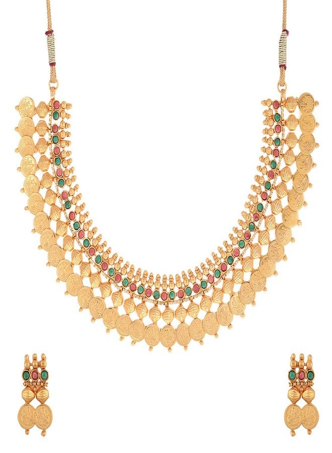 KENNICE Gold-Plated Red Green Pearl Traditional Temple Coin Necklace with Earrings Jewellery Set For Women & Girls - Image 1