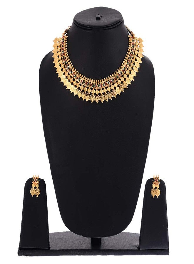 KENNICE Gold-Plated Red Green Pearl Traditional Temple Coin Necklace with Earrings Jewellery Set For Women & Girls - Image 2