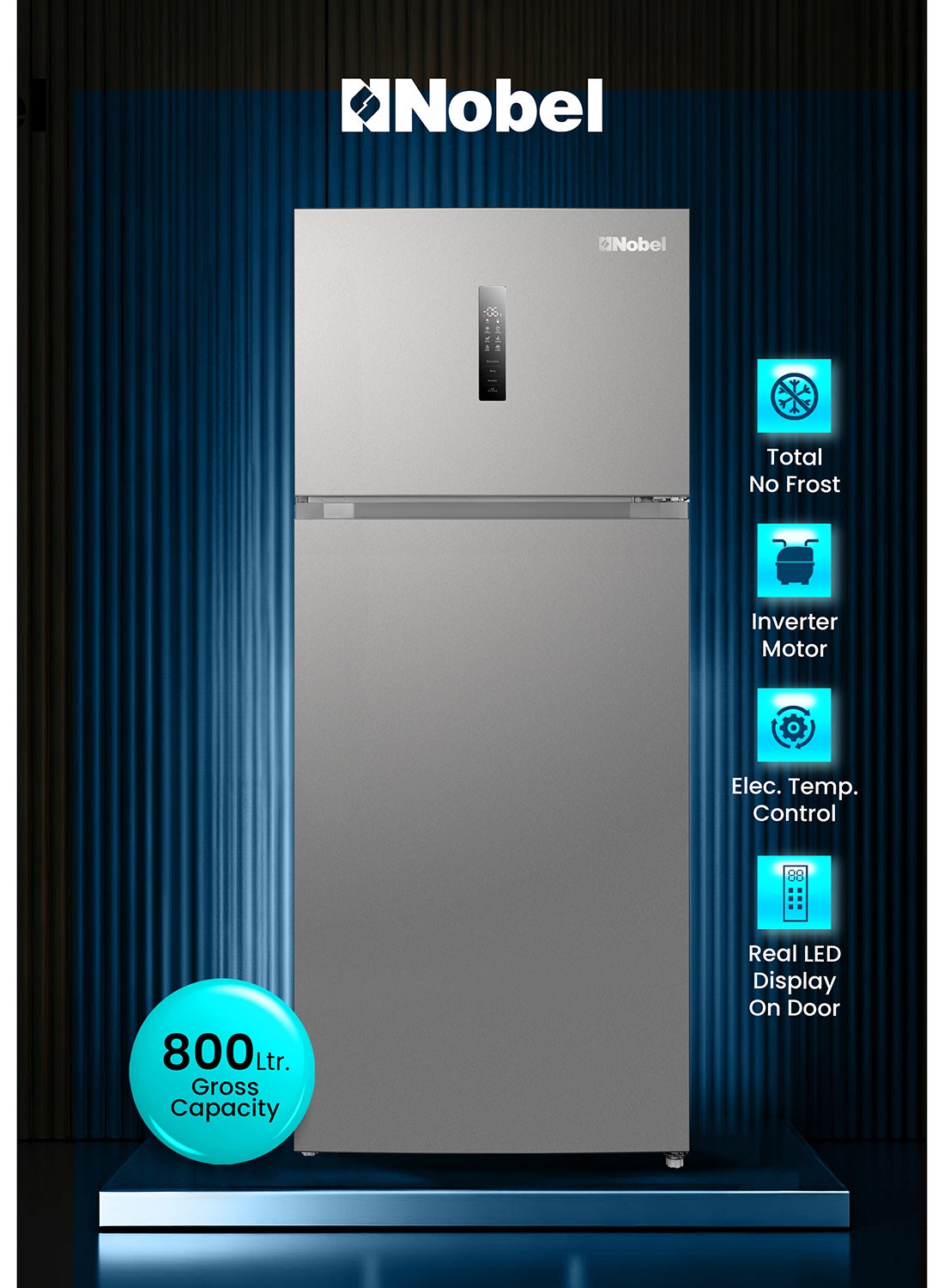 800L Double Door Inverter Refrigerator with NoFrost Cooling, Electronic Temp Control, LED Display, Child Lock, Door Alarm, Vacation Mode, Fast Cooling and Freezing, R600a Refrigerant, Energy Efficient, Recessed Handle – Premium Storage with 450L Frid