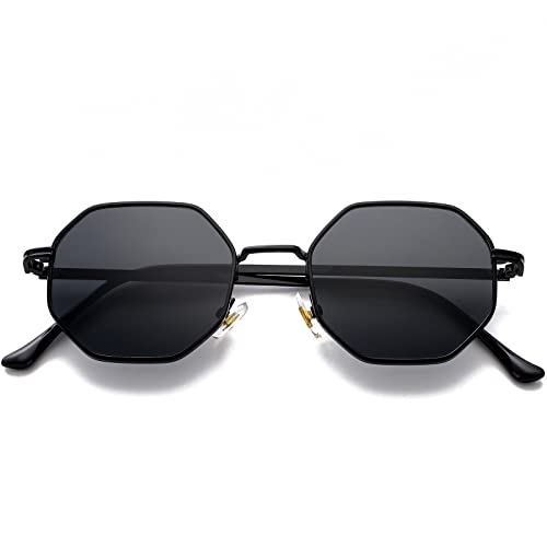 PORADAY Square Sunglasses for Women Men Retro Octagon Metal Sun Glasses Vintage Polygon Shades (Black) - Image 1