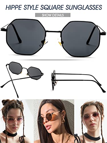 PORADAY Square Sunglasses for Women Men Retro Octagon Metal Sun Glasses Vintage Polygon Shades (Black) - Image 5