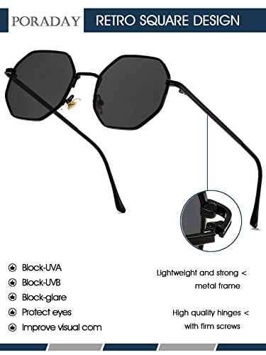 PORADAY Square Sunglasses for Women Men Retro Octagon Metal Sun Glasses Vintage Polygon Shades (Black) - Image 4