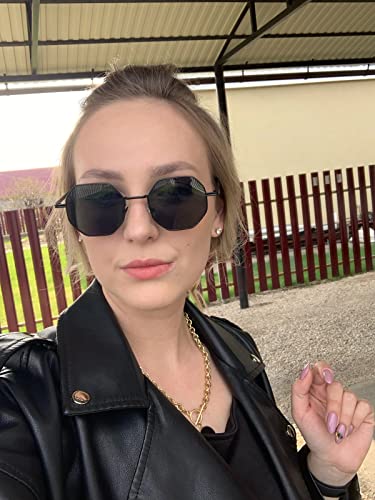 PORADAY Square Sunglasses for Women Men Retro Octagon Metal Sun Glasses Vintage Polygon Shades (Black) - Image 2