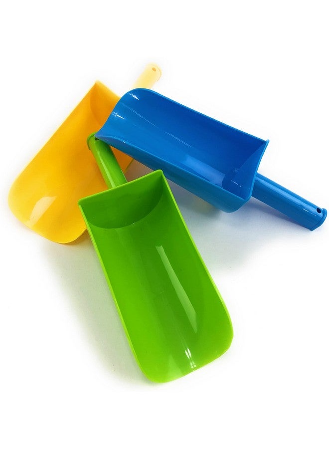 Matty's Toy Stop 9" Kids Short Handle Sand Scoop Plastic Shovels For Sand & Beach (Yellow, Blue & Green) Gift Set Bundle - 3 Pack - Image 1