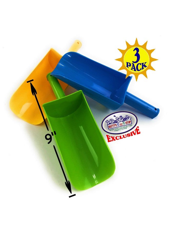 Matty's Toy Stop 9" Kids Short Handle Sand Scoop Plastic Shovels For Sand & Beach (Yellow, Blue & Green) Gift Set Bundle - 3 Pack - Image 2