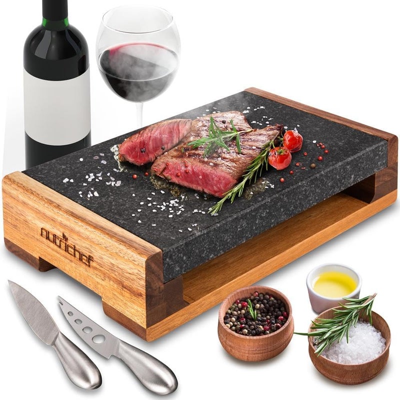 NutriChef Cooking Stone Grill Set - Hot Lava Rock Sizzling Plate for Steak BBQ & Meat Grilling with Stainless Steel Knives, Cooks and Retains Heat & Flavor, Heated Tray for Serving Food - Image 1