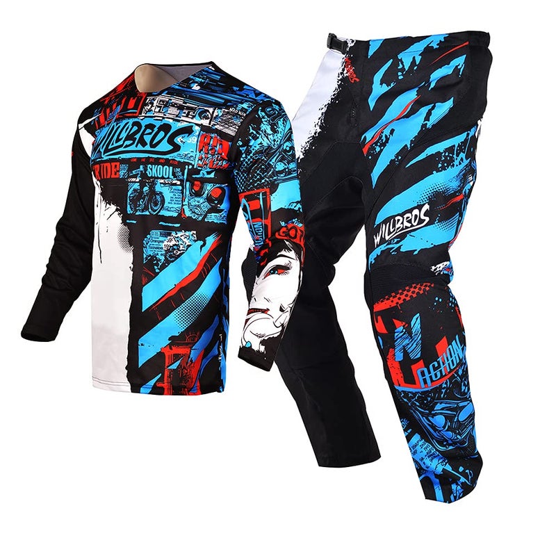 Willbros Motocross Jersey Pant Combo Mens MX Gear Set Riding Ride Black Blue Dirt Bike Offroad Racing Blue(Jersey Adult S/Pants W30) - Image 1
