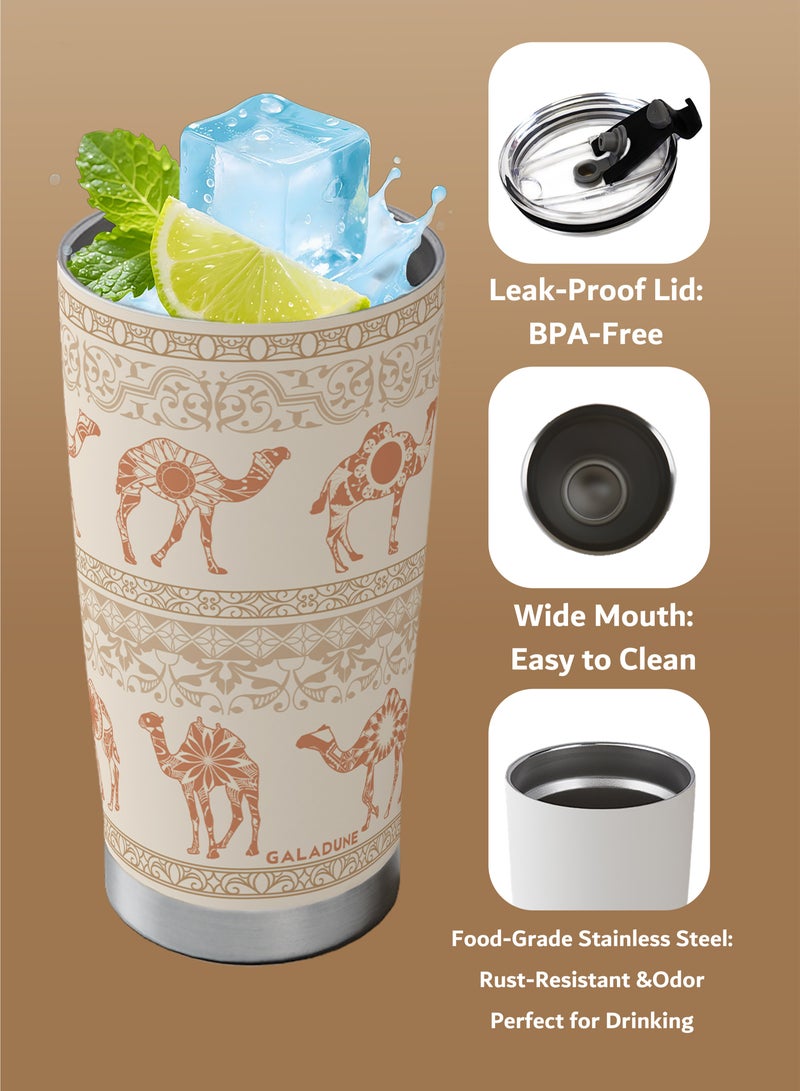 GALADUNE 20oz/590ml Stainless Steel Travel Coffee Mug, Double-Wall Vacuum Insulated Tumbler with Straw & Cleaning Brush, Hot & Cold Drinks Cup, Leak-Proof Lid, Light Camel Color, Ideal Gift for Work & Travel - Image 4