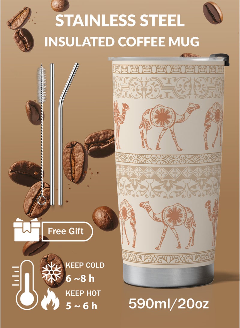 GALADUNE 20oz/590ml Stainless Steel Travel Coffee Mug, Double-Wall Vacuum Insulated Tumbler with Straw & Cleaning Brush, Hot & Cold Drinks Cup, Leak-Proof Lid, Light Camel Color, Ideal Gift for Work & Travel - Image 2
