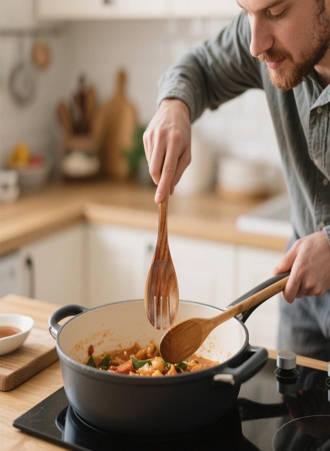 YALONG Acacia Wooden Kitchen Utensil Set of 8 - Natural Wood Cooking Utensils & Spoons for Cooking, Durable Heat-Resistant Non-Toxic Kitchen Tools for Non-Stick Cookware - Image 3