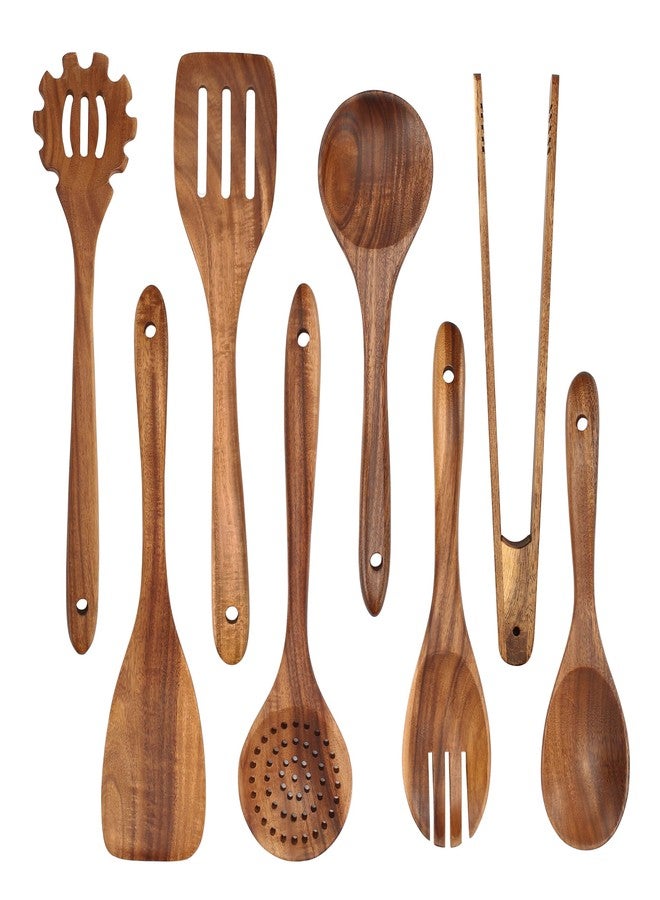 YALONG Acacia Wooden Kitchen Utensil Set of 8 - Natural Wood Cooking Utensils & Spoons for Cooking, Durable Heat-Resistant Non-Toxic Kitchen Tools for Non-Stick Cookware - Image 1