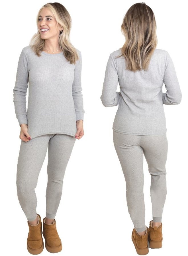 MISS POPULAR Womens 2-Piece Waffle Thermals Set | Long Sleeve Shirt, Pants | Long Johns Waffle Thermal Underwear Base Layer Set for Cold Weather (Heather Grey, Medium) - Image 1