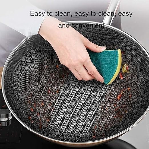 ONTRIP ONTRIP Non Stick Fry Pan with Glass Lid Frypan Double Sided Honeycomb Stainless Steel Wok Stainless Steel Material of The Pot is Durable 32 Cm Pack of 1 - Image 4