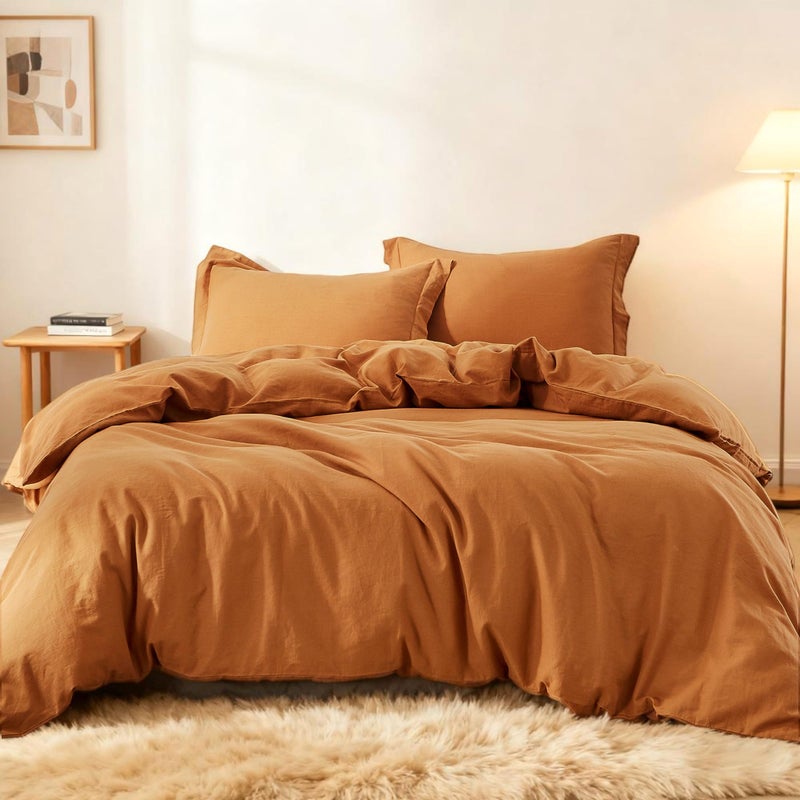 Simple&Opulence French Linen Duvet Cover Set 88" x 92"- 3 Pieces (1 Comforter Cover,2 Pillowcases)- Natural Flax Cotton Blend-Solid Color Breathable Farmhouse Bedding-Rust, Queen - Image 1