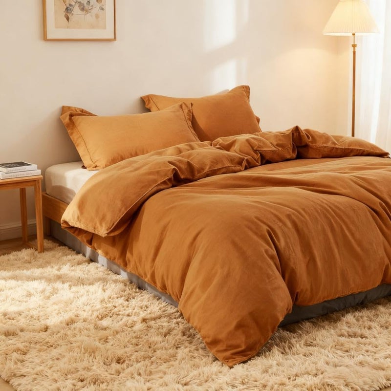 Simple&Opulence French Linen Duvet Cover Set 88" x 92"- 3 Pieces (1 Comforter Cover,2 Pillowcases)- Natural Flax Cotton Blend-Solid Color Breathable Farmhouse Bedding-Rust, Queen - Image 2