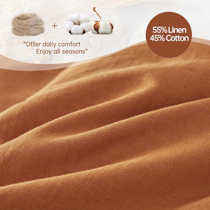 Simple&Opulence French Linen Duvet Cover Set 88" x 92"- 3 Pieces (1 Comforter Cover,2 Pillowcases)- Natural Flax Cotton Blend-Solid Color Breathable Farmhouse Bedding-Rust, Queen - Image 4