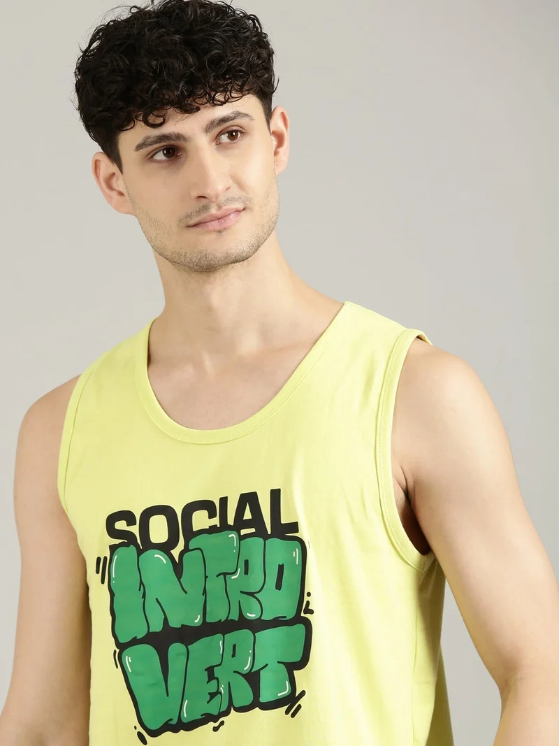 Joven Yellow Cotton Slim Fit Tank Top for Men