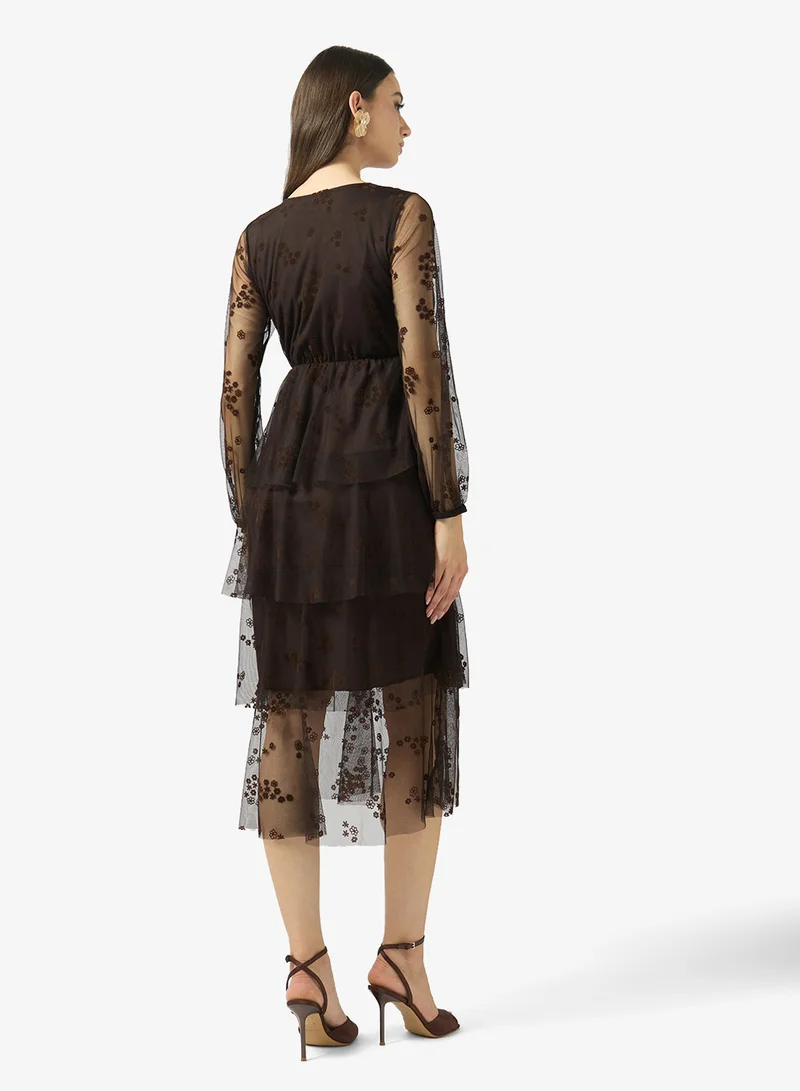 FYOR V-Neck Mesh Midi Dress with Embroidery