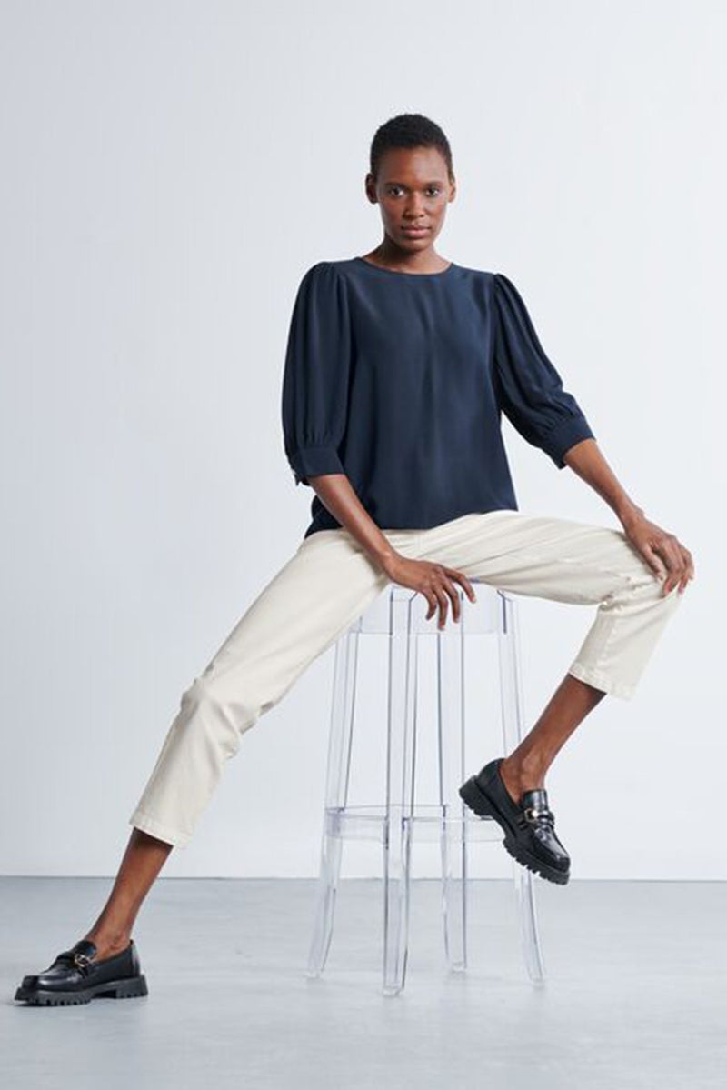 Tchibo Women Round Neck 3/4 Sleeve Solid Blouse, Navy - Image 1