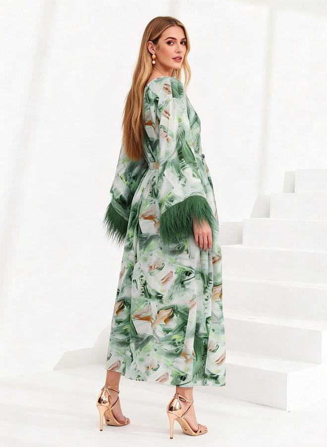 Take Two Green Printed Maxi Dress with Faux Feather Trim - Image 4