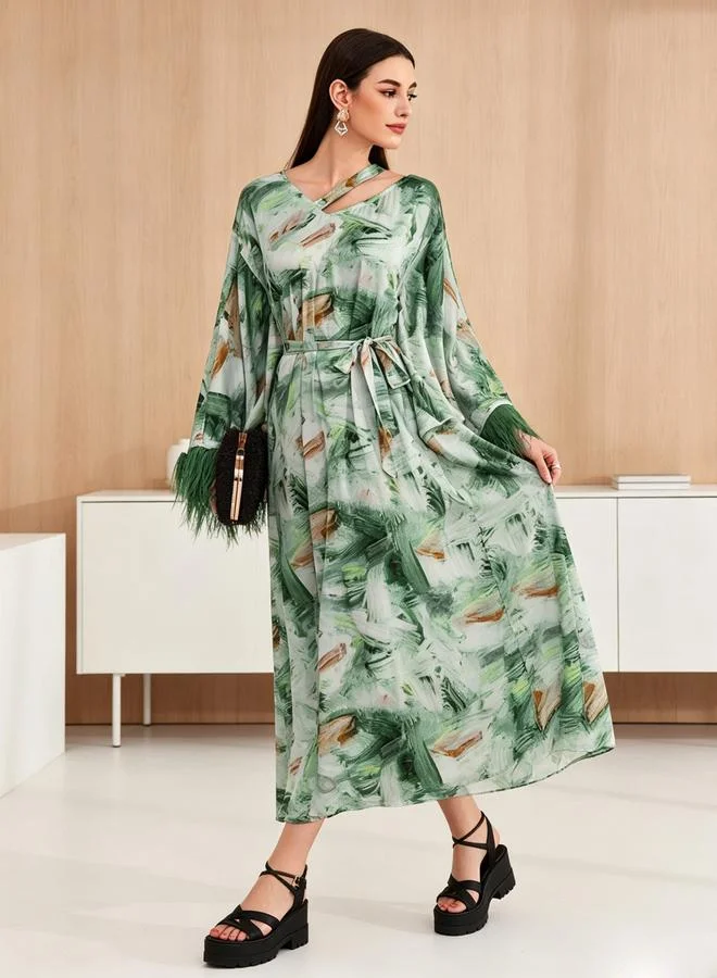 تايك تو Green Printed Maxi Dress With Faux Feather Trim