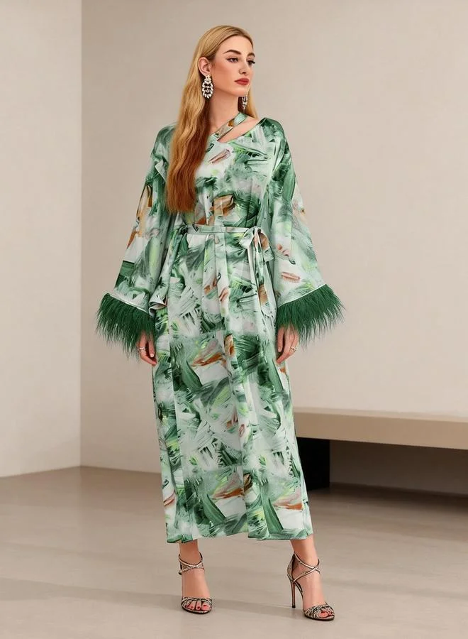 تايك تو Green Printed Maxi Dress With Faux Feather Trim