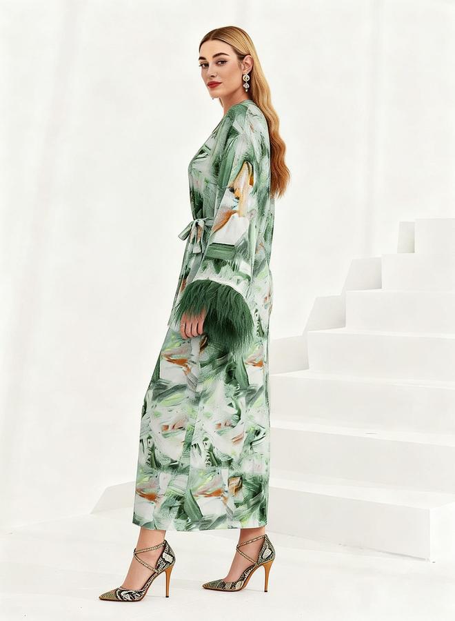 Take Two Green Printed Maxi Dress with Faux Feather Trim - Image 3
