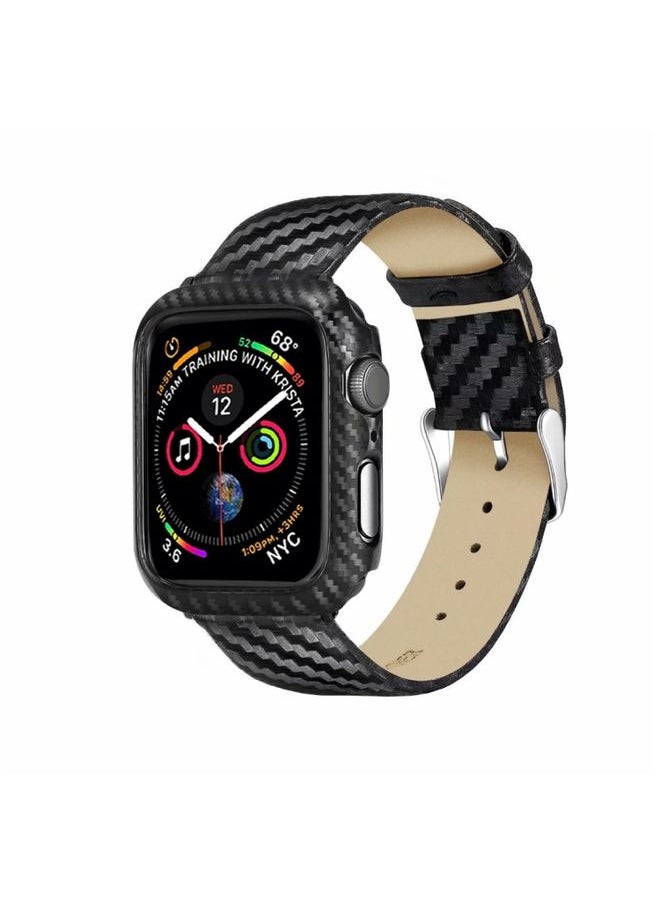 Generic Replacement Strap Genuine Leather Carbon Fiber Strap + Frame for Apple Watch Series 4 40mm 