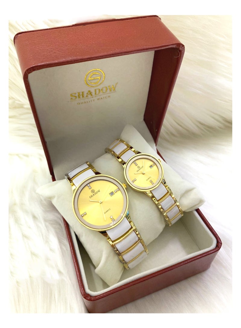 SHADOW Luxury Couple Watch Set - Premium Stainless Steel Matching His and Hers Quartz Wristwatches with Date Display & Crystal Indices - Image 3