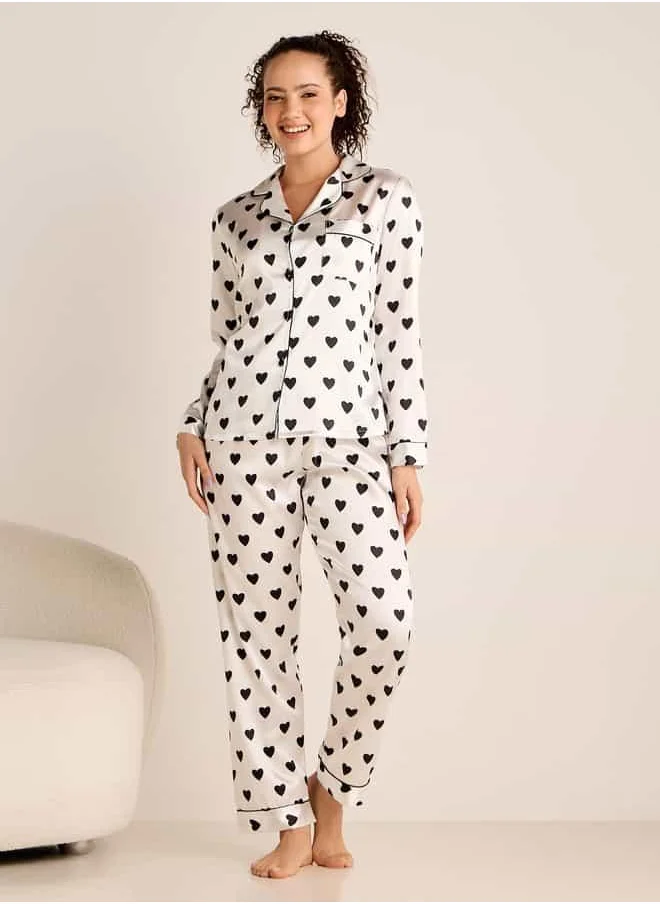FAV Heart Print Long Sleeves Shirt and Pyjama Set
