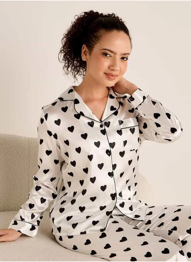 FAV Heart Print Long Sleeves Shirt and Pyjama Set