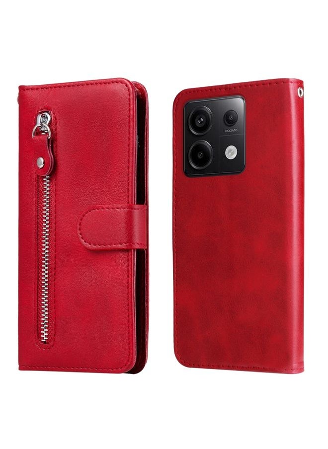 HuHa Case Cover For Xiaomi Redmi Note13 Pro 5G Global Fashion Calf Texture Zipper Leather Phone Case Red 