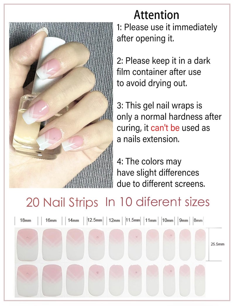 Wahrshei Semi Cured Gel Nail Strips, 20pcs French Gradient Gel Nail Stickers Work with UV, Easy to Use and Remove - Image 3