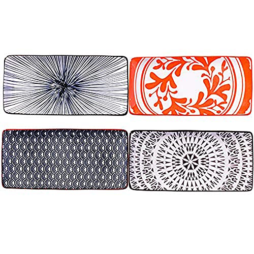 BOSILI Ceramic Sushi Plates Set of 4, Assorted Rectangular Serving Platters, Floral Appetizer Trays, Long Porcelain Dishes for Sushi, Steak & Snacks - Image 1