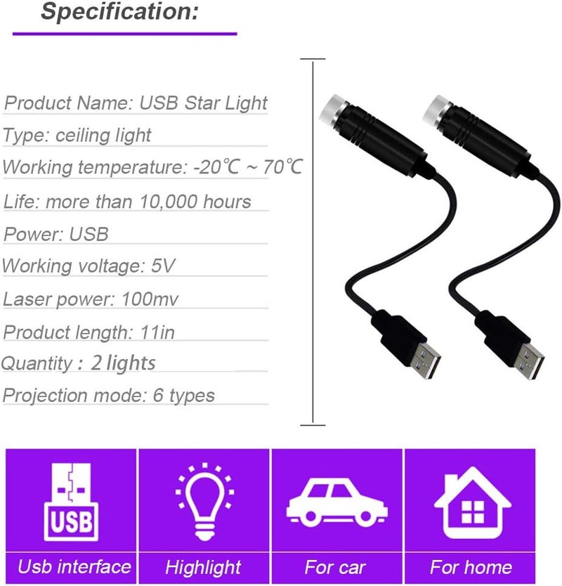 بيلونججو ضوء ليلي USB، بروجيكتور نجوم، ديكور أجواء ليلية محمول للسيارة، السقف، غرفة النوم، الحفلة - قطعتان - Image 2