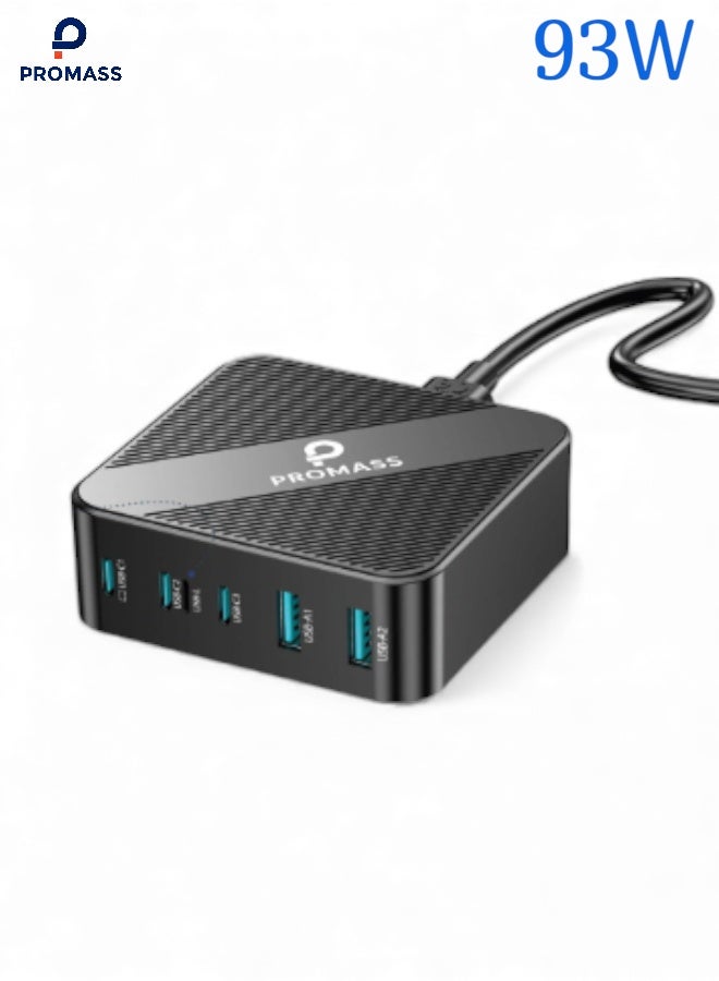 بروماس منصة شحن فائق السرعة مع تقنية Gan بقوة 93 واط, مع 6 منافذ شحن (USB L- USB A1- USB A2- USB C3-USB C2- USB C1) تحويل أفضل من التيار المتناوب الى التيار المستقر مقارنة بشواحن السليكون, مما يسمح لك بشحن أجهزتك المحمولة بشكل أسرع ويمنحك كفاءة أفضل متوافق مع ايفون جالكسي والاجهزة اللوحية و اللابتوب - Image 1