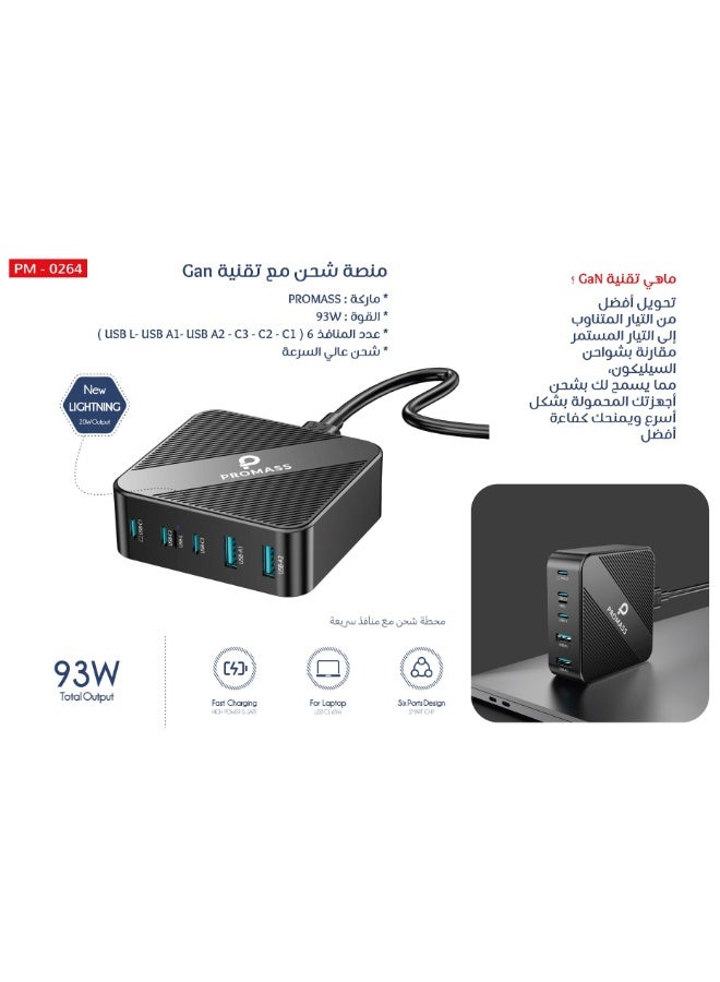 بروماس منصة شحن فائق السرعة مع تقنية Gan بقوة 93 واط, مع 6 منافذ شحن (USB L- USB A1- USB A2- USB C3-USB C2- USB C1) تحويل أفضل من التيار المتناوب الى التيار المستقر مقارنة بشواحن السليكون, مما يسمح لك بشحن أجهزتك المحمولة بشكل أسرع ويمنحك كفاءة أفضل متوافق مع ايفون جالكسي والاجهزة اللوحية و اللابتوب - Image 2