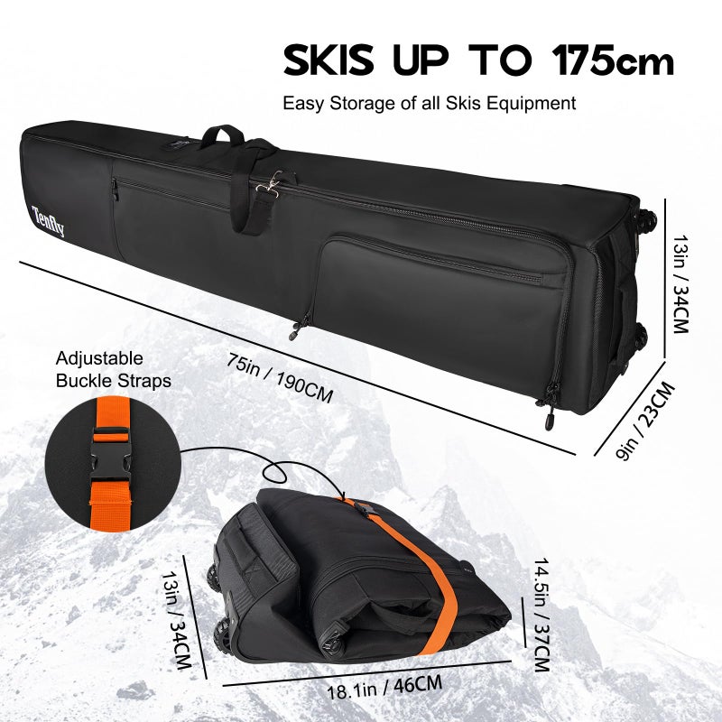 TENFLY Wheeled Ski Bag for Air Travel, 900D Waterproof Padded Ski Bag with Wheels, Adjustable 156-200cm, Foldable, Fits 2 Skis Boots Helmet Gear - Image 2