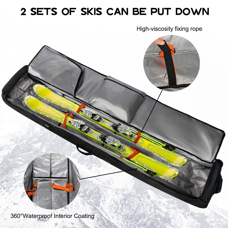 TENFLY Wheeled Ski Bag for Air Travel, 900D Waterproof Padded Ski Bag with Wheels, Adjustable 156-200cm, Foldable, Fits 2 Skis Boots Helmet Gear - Image 3