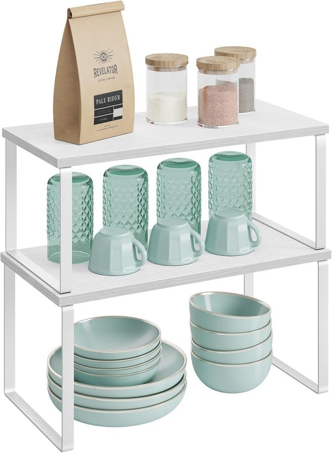 Silant Makers Cabinet Organizer Shelf, Set of 2 Kitchen Counter Shelves, Kitchen Storage, Spice Rack, Stackable, Expandable, Metal and Engineered Wood (Cloud White + Snow White, 15.6" W) - Image 1