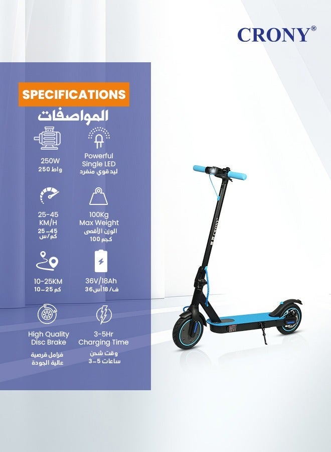 Crony M365 App E-Scooter For Kids/Teen, Max Speed 45km/H,25 km Range High-Speed Urban Commuter , 36v Battery Electric Scooter For Adults, Rear Disc Brake, App-Controlled Smart Scooter With Led Headlights, Portable Lightweight Aluminum Frame, 250w Brushless Motor, Off-Road Capable, Bluetooth Connectivity, Heavy Duty, Travel-Ready Design,Blue - Image 2