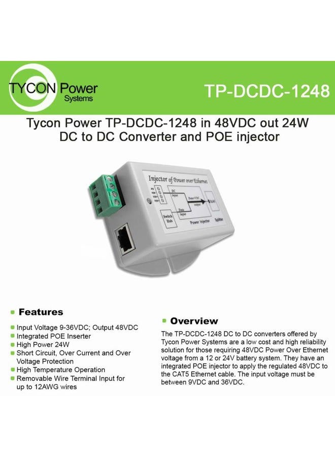 Tycon Systems TP-DCDC-1248 48V POE Out 24W DC to DC Converter and POE Inserter - Image 1