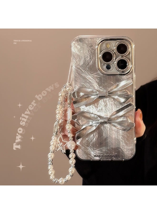 NIBEMINENT Protective TPU Case Cover For iPhone 15 Pro Max, Three Dimensional Double Silver Knot Design With Silver Star Pearl String