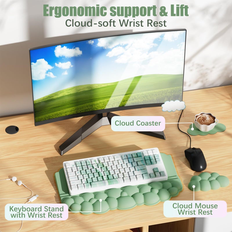 Lomil Wrist Rest with Keyboard Stand, Ergonomic Computer Wrist Support Pad, Cloud Keyboard Riser Holder with Wrist Pad, Memory Foam Desk Cushion, Palm Hand Typing for Office Home School-Green - Image 4